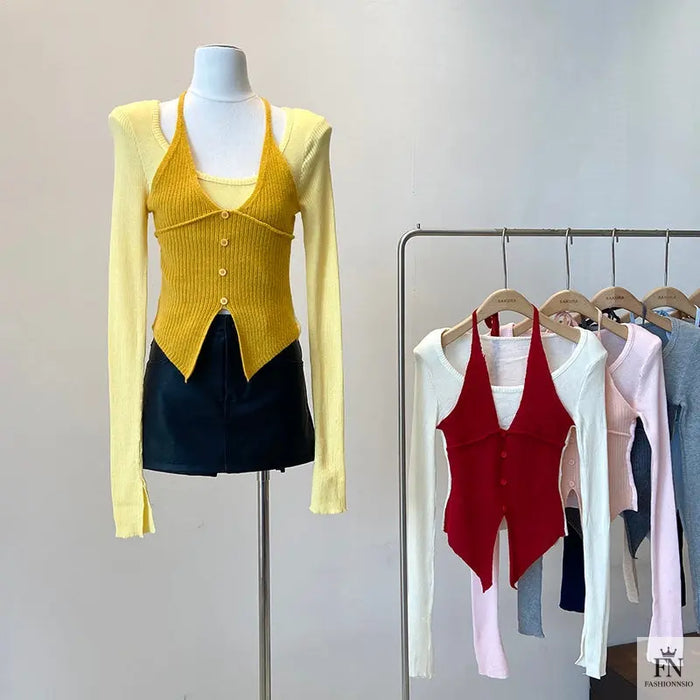 Fake Two-piece Long Sleeve Top - Fashionnsio