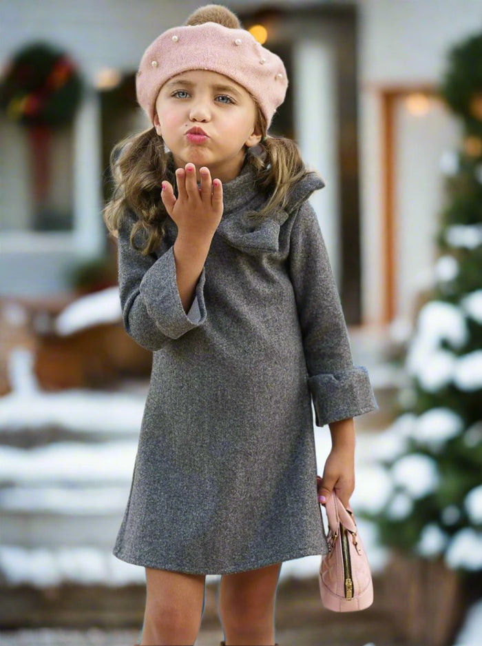 Little Girls Fall Bow Accent Grey A-Line Dress - Mia Belle Girls