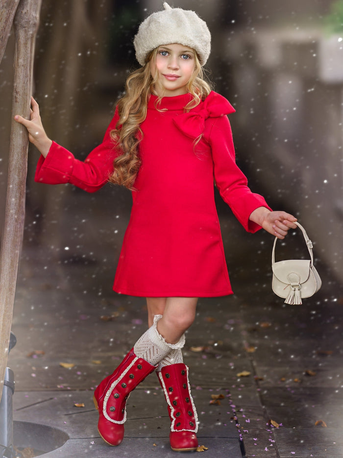Little girls fall long-sleeve A-line dress with a wide turtle neck, large bow detail, and ruffled scuffs - Mia Belle Girls
