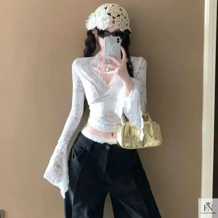 Flare Sleeve Lace Korean Top - Fashionnsio