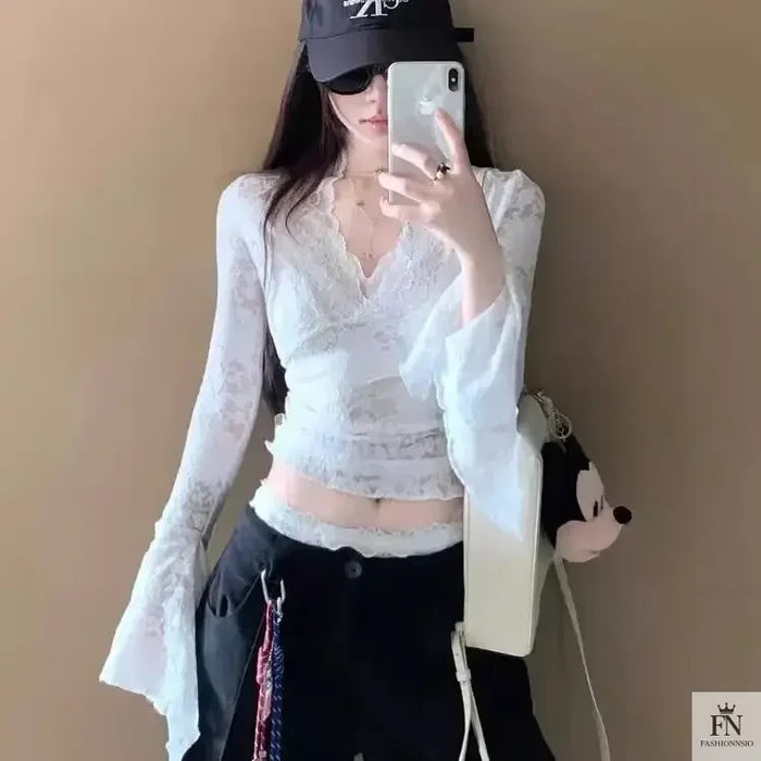 Flare Sleeve Lace Korean Top - Fashionnsio