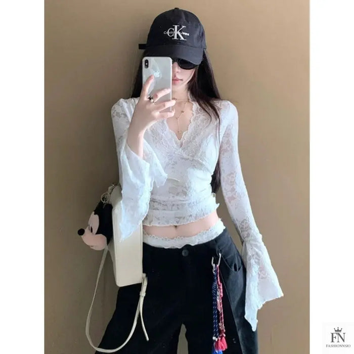 Flare Sleeve Lace Korean Top - Fashionnsio