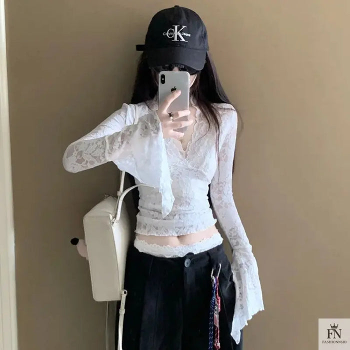 Flare Sleeve Lace Korean Top - Fashionnsio
