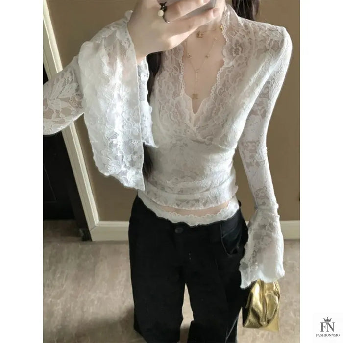 Flare Sleeve Lace Korean Top - Fashionnsio