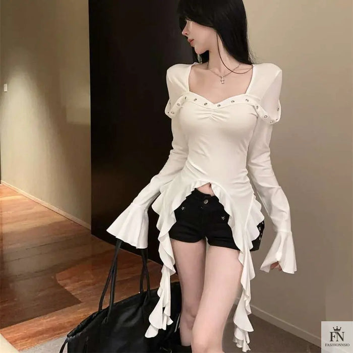 Flare Sleeve Ribbon Ruffle Top - Fashionnsio