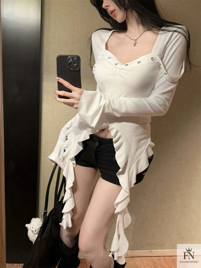 Flare Sleeve Ribbon Ruffle Top - Fashionnsio