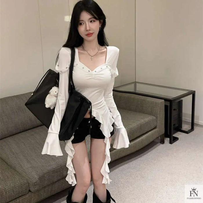Flare Sleeve Ribbon Ruffle Top - Fashionnsio