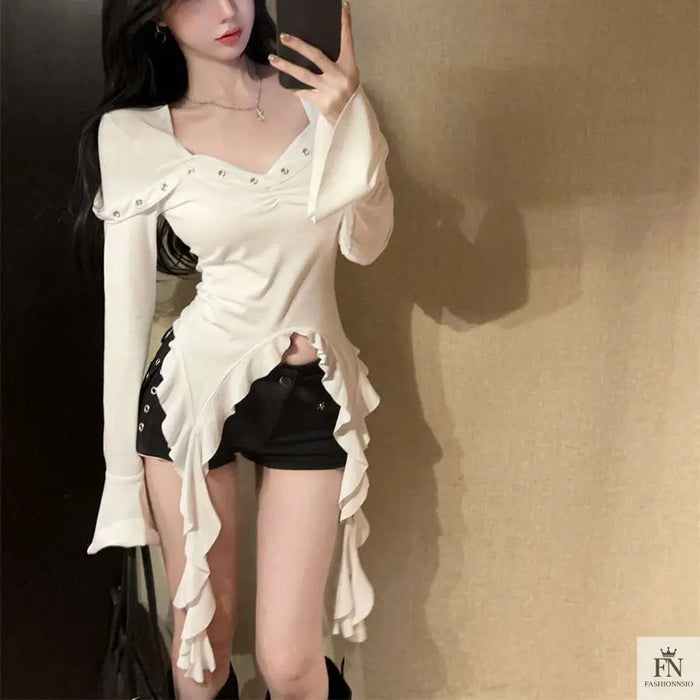 Flare Sleeve Ribbon Ruffle Top - Fashionnsio