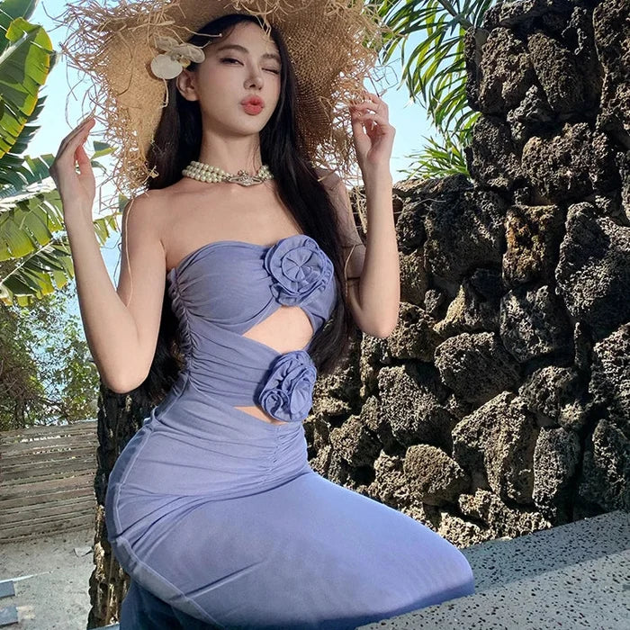 Floral Hollow Out Tube Bodycon Dress - Fashionnsio