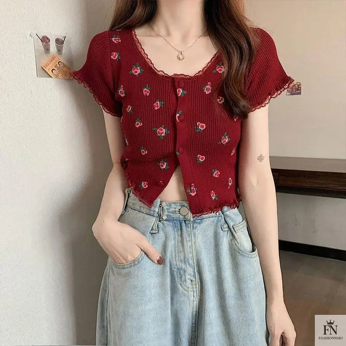 Floral Knitted Crop Top - Fashionnsio
