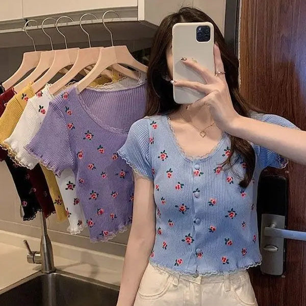 Floral Knitted Crop Top - Fashionnsio