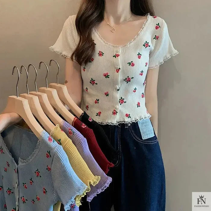 Floral Knitted Crop Top - Fashionnsio
