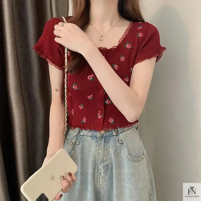 Floral Knitted Crop Top - Fashionnsio