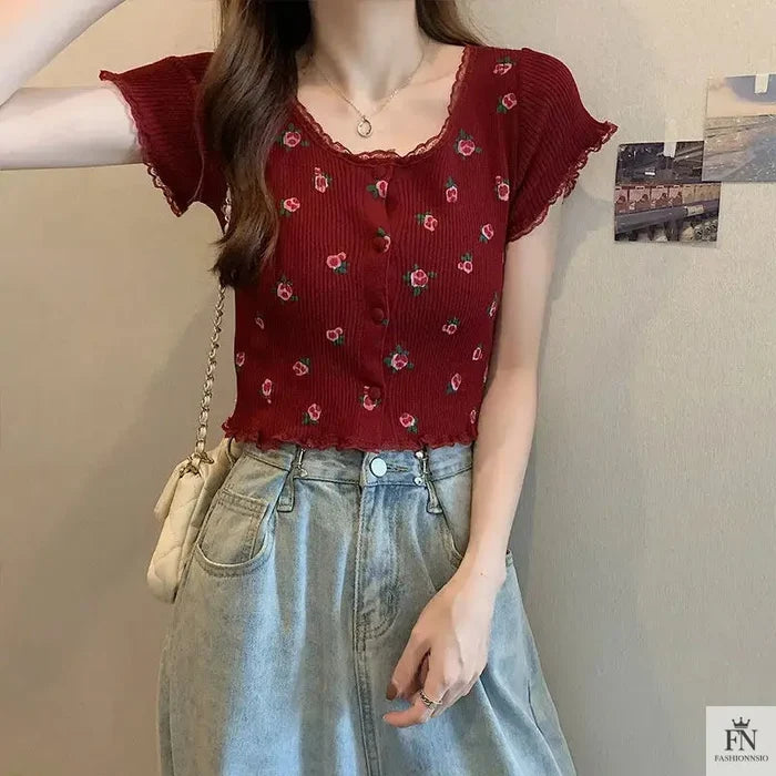 Floral Knitted Crop Top - Fashionnsio