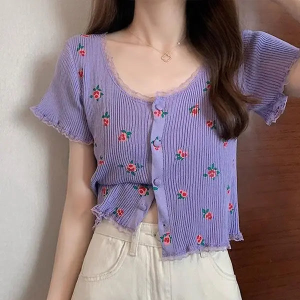 Floral Knitted Crop Top - Fashionnsio