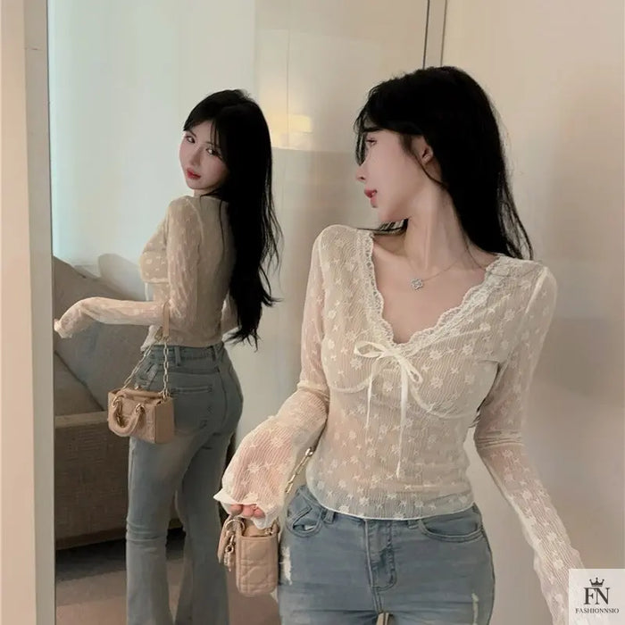 Floral Lace Long Sleeve Top - Fashionnsio