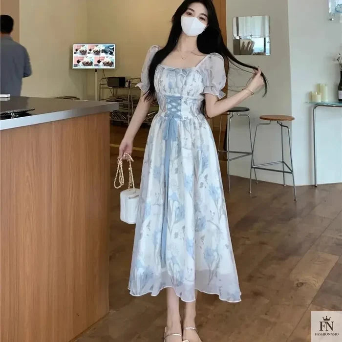 Floral Lace-Up Frock Dress - Fashionnsio