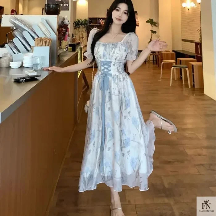 Floral Lace-Up Frock Dress - Fashionnsio