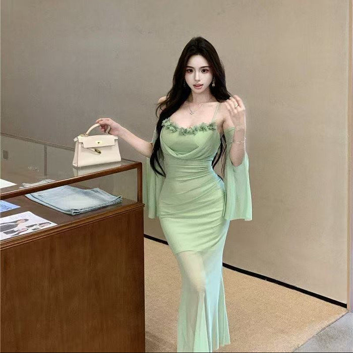 Floral Mesh Long Bodycon Dress - Fashionnsio