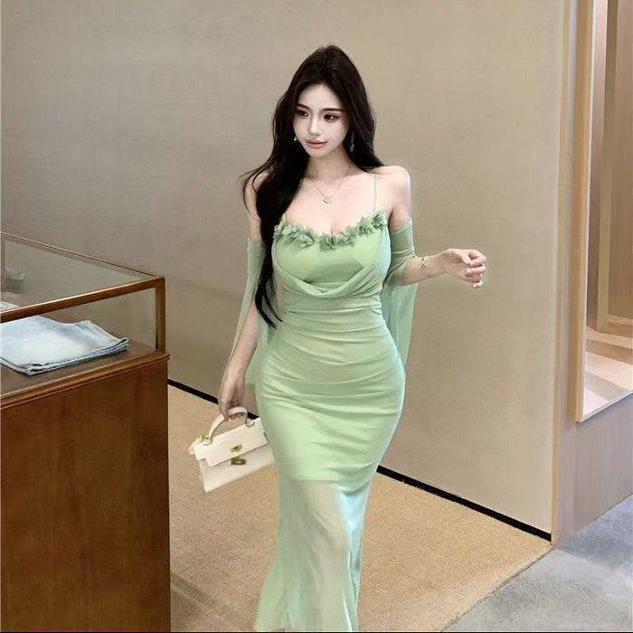 Floral Mesh Long Bodycon Dress - Fashionnsio