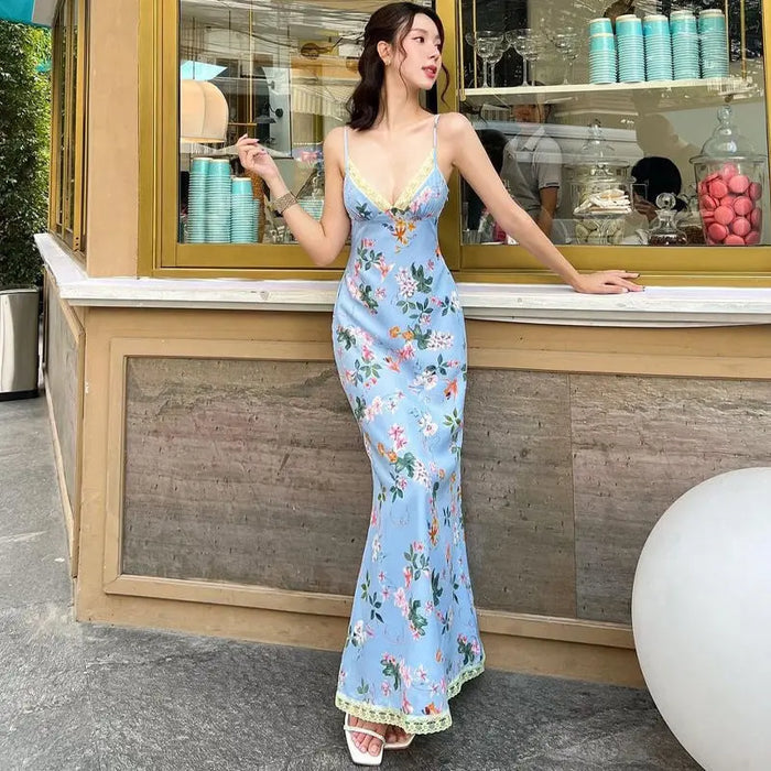 Floral Printed Backless Long Dress fashionnsio