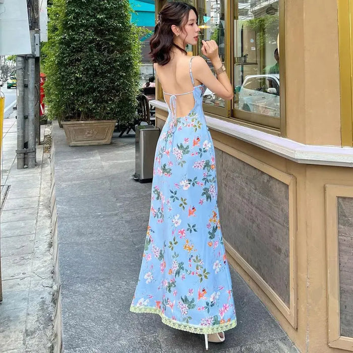Floral Printed Backless Long Dress fashionnsio