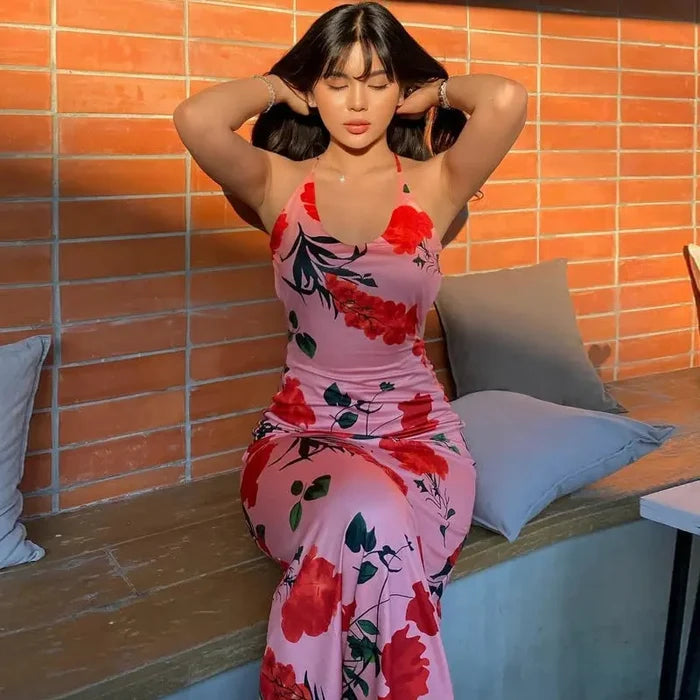 Floral Printed Backless Long Dress fashionnsio