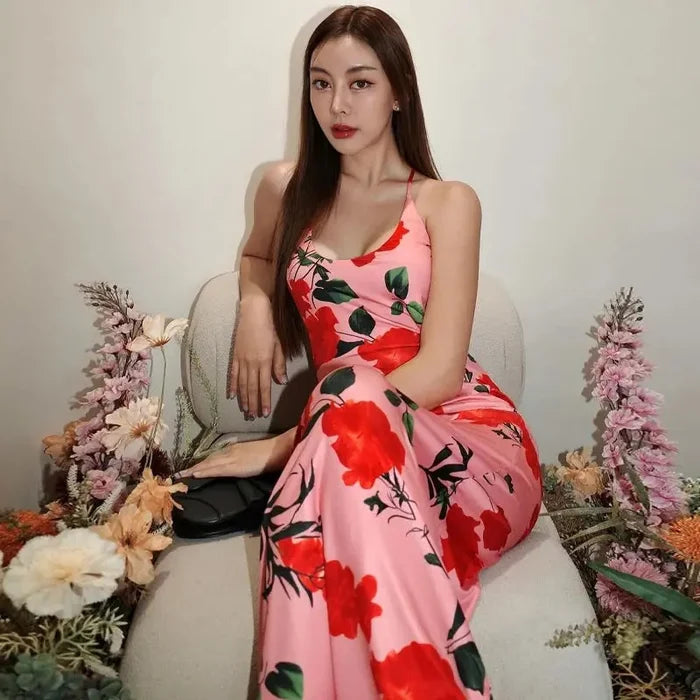 Floral Printed Backless Long Dress fashionnsio