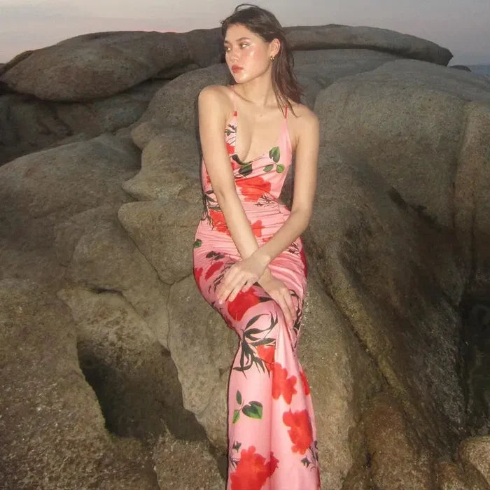 Floral Printed Backless Long Dress fashionnsio