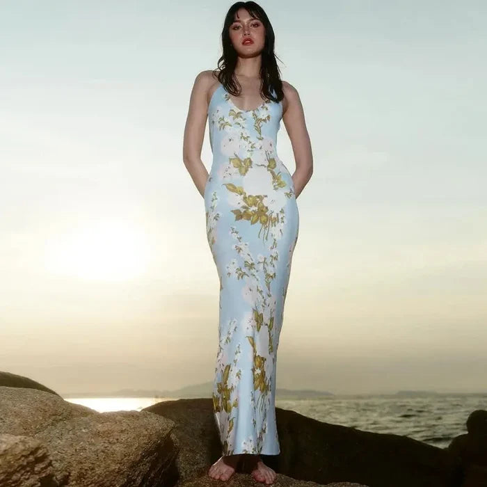 Floral Printed Backless Long Dress fashionnsio