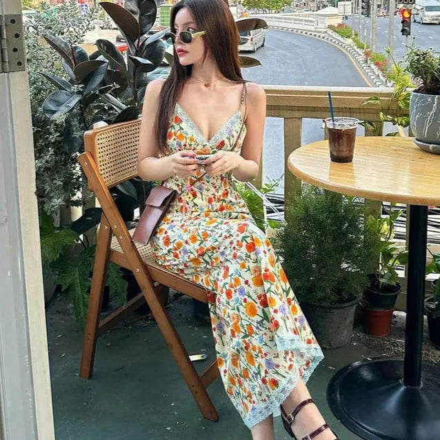 Floral Printed Backless Long Dress fashionnsio