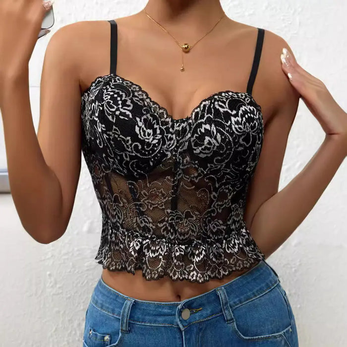 Embroidered Lace Pleated Tank Top fashionnsio