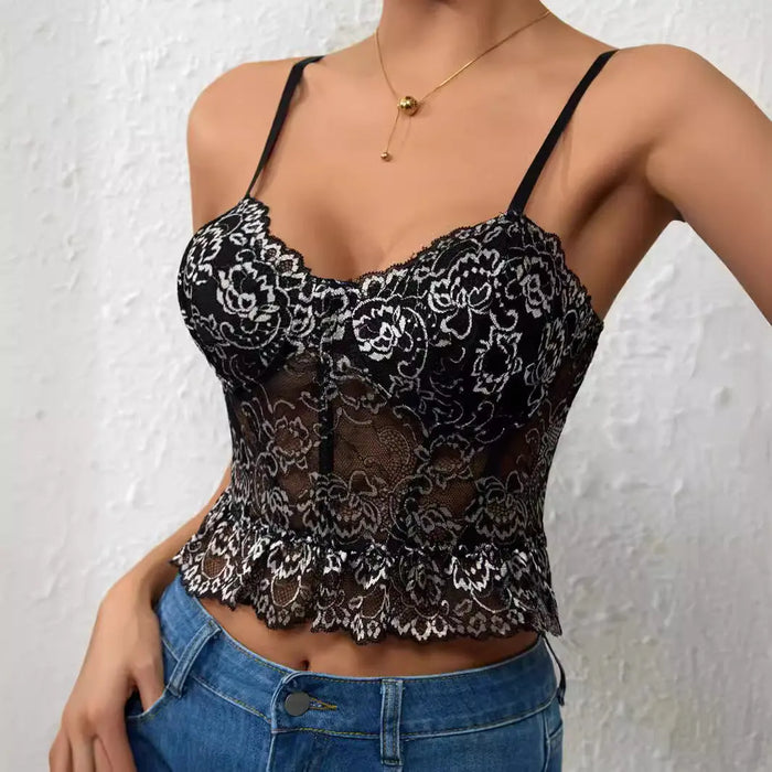 Embroidered Lace Pleated Tank Top fashionnsio