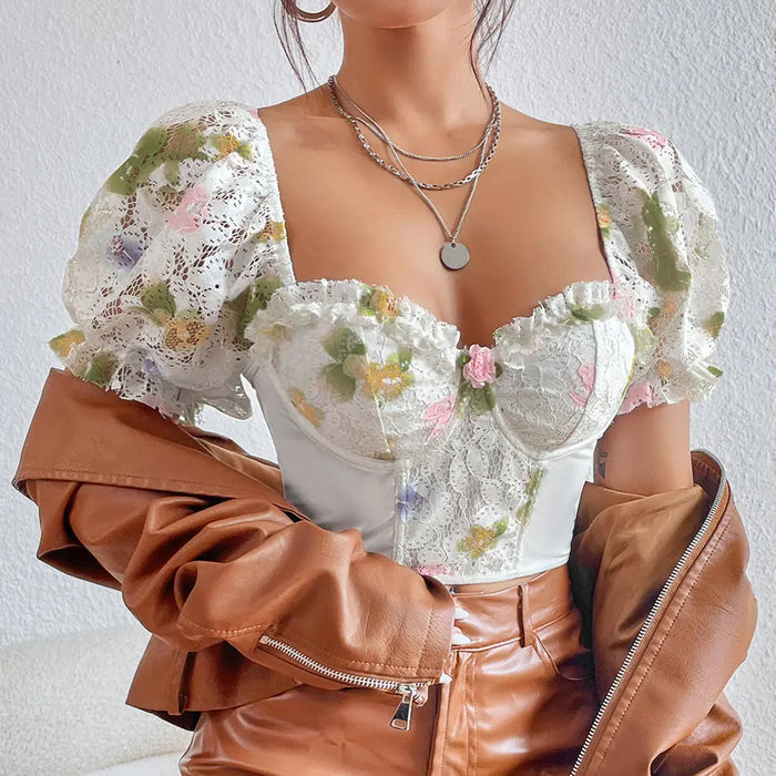Floral Lace Puff Sleeve Corset Top fashionnsio