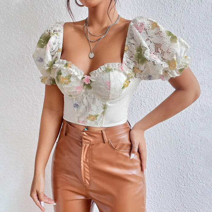 Floral Lace Puff Sleeve Corset Top fashionnsio