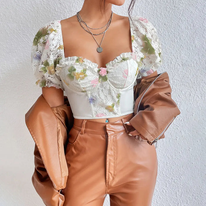 Floral Lace Puff Sleeve Corset Top fashionnsio