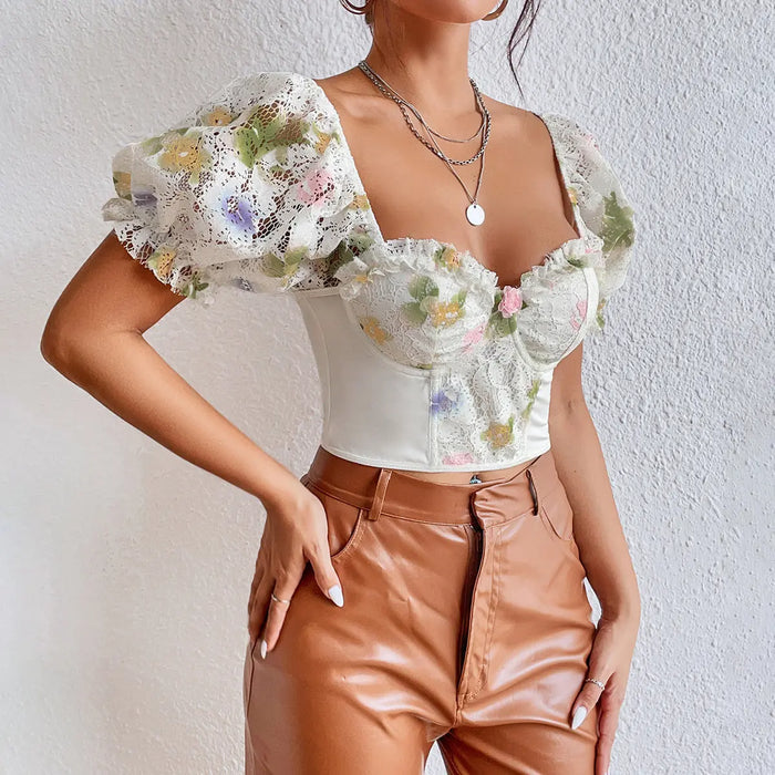 Floral Lace Puff Sleeve Corset Top fashionnsio