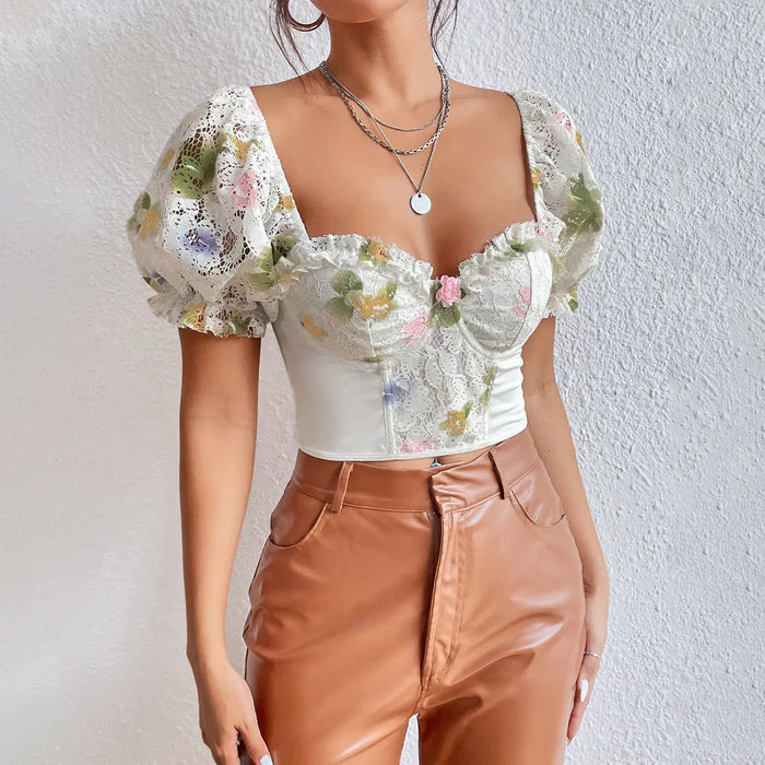 Floral Lace Puff Sleeve Corset Top fashionnsio