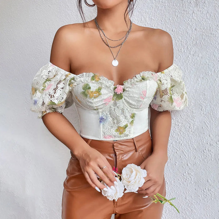 Floral Lace Puff Sleeve Corset Top fashionnsio