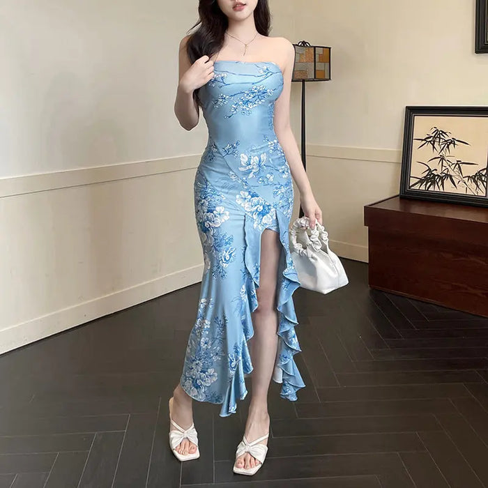 Tube Floral Ruffle Slit Dress fashionnsio