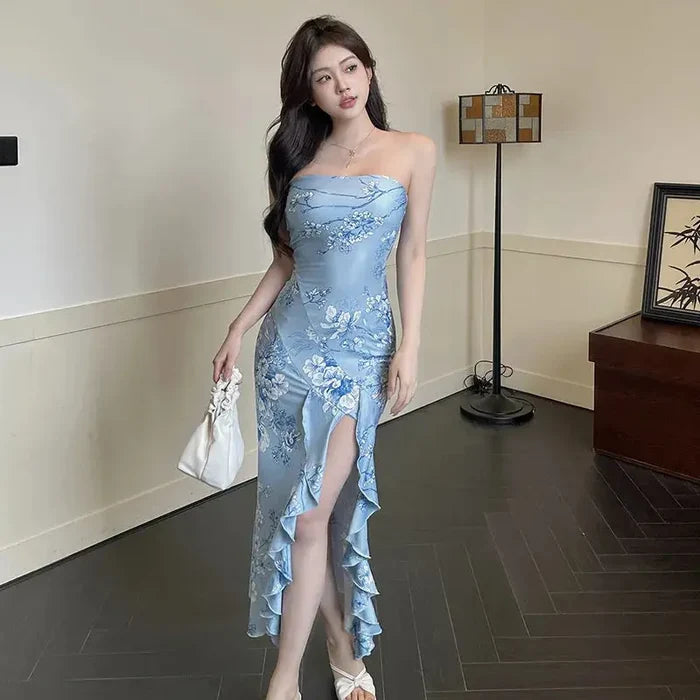 Tube Floral Ruffle Slit Dress fashionnsio