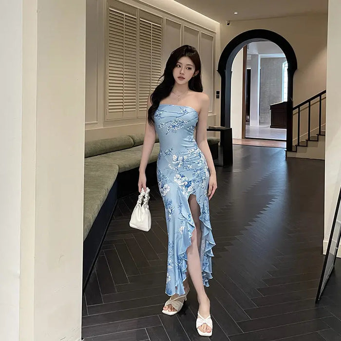 Tube Floral Ruffle Slit Dress fashionnsio