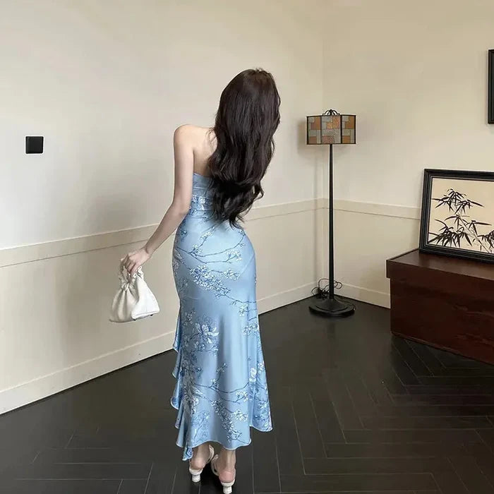 Tube Floral Ruffle Slit Dress fashionnsio