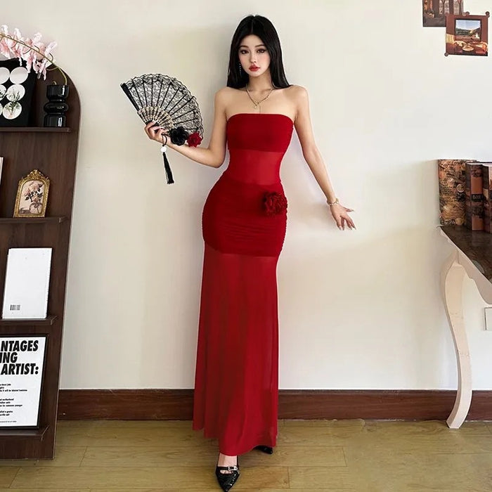 Floral Tube Mesh Long Dress - Fashionnsio