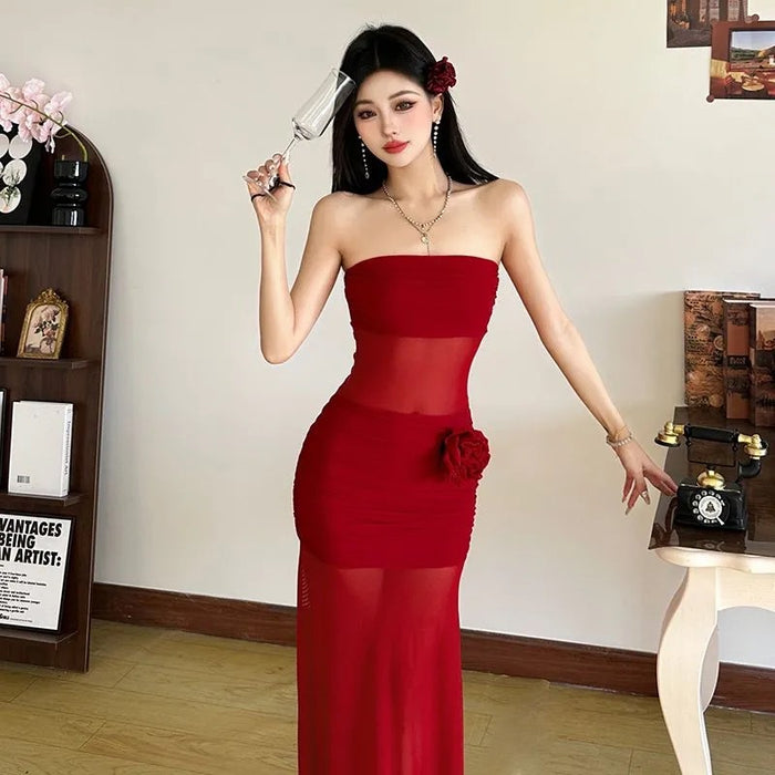 Floral Tube Mesh Long Dress - Fashionnsio