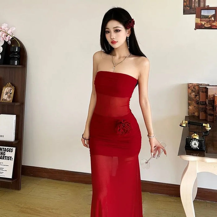 Floral Tube Mesh Long Dress - Fashionnsio