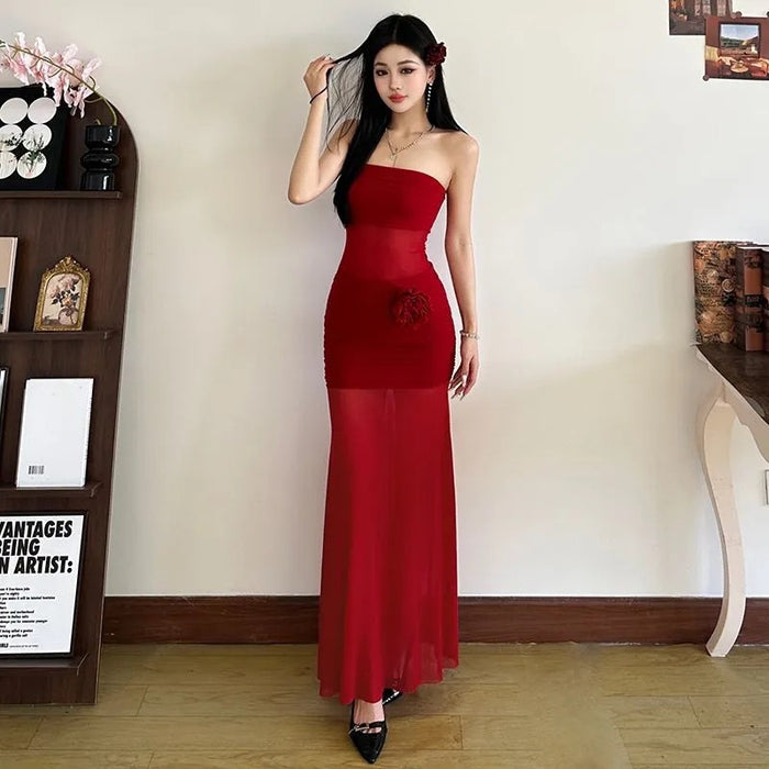Floral Tube Mesh Long Dress - Fashionnsio