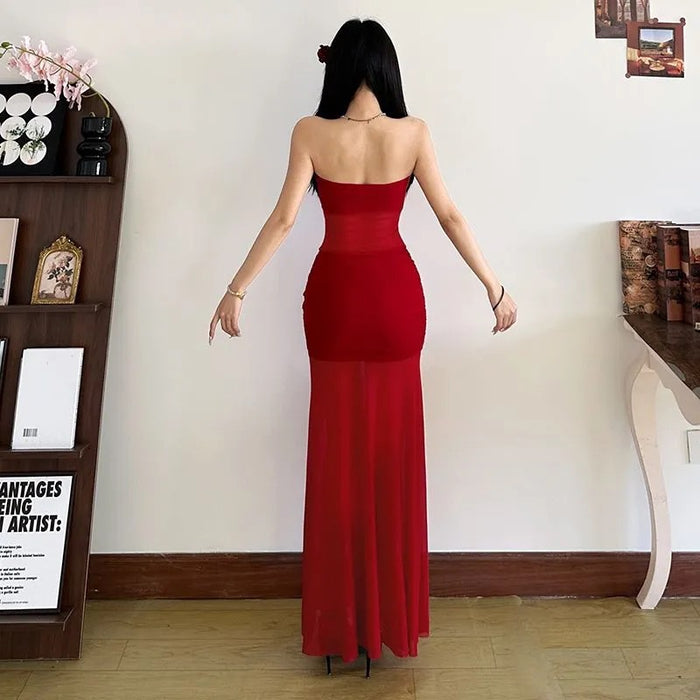 Floral Tube Mesh Long Dress - Fashionnsio