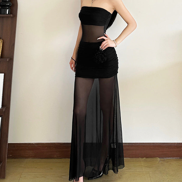 Floral Tube Mesh Long Dress - Fashionnsio