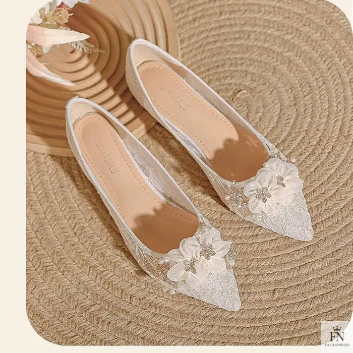 Flower Embellish Lace Belle Flats - Fashionnsio